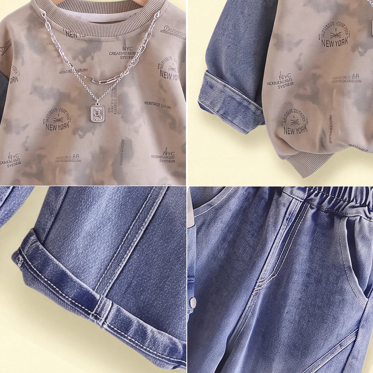 Boys Khaki Typography Sweatshirt With Denim Pants Sets 2 pc. Sets