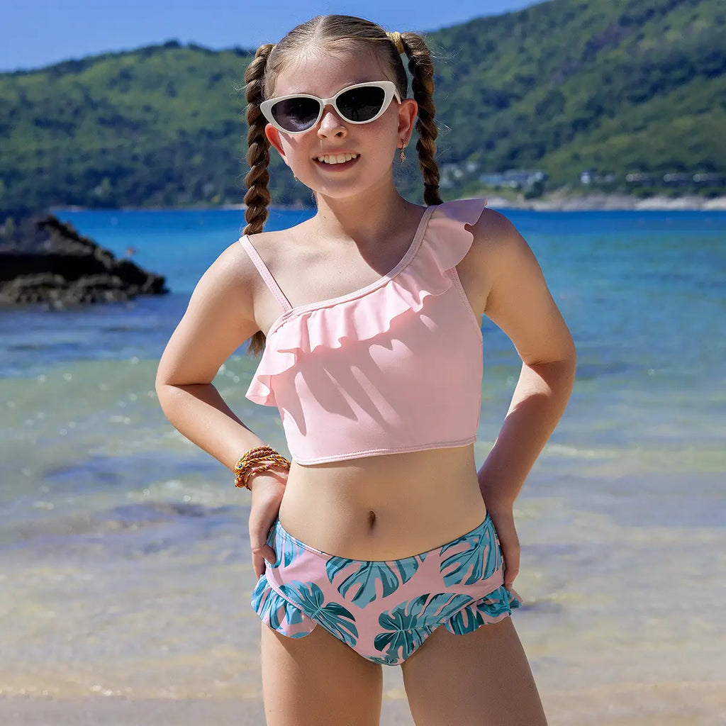 Girls Pink Solid Ruffled One Shoulder Top With Tropical Printed Shorts Swimsuit Sets Sets