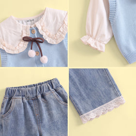 Girls Light Blue Sweater Vest & Top With Denim Pants Sets Sets