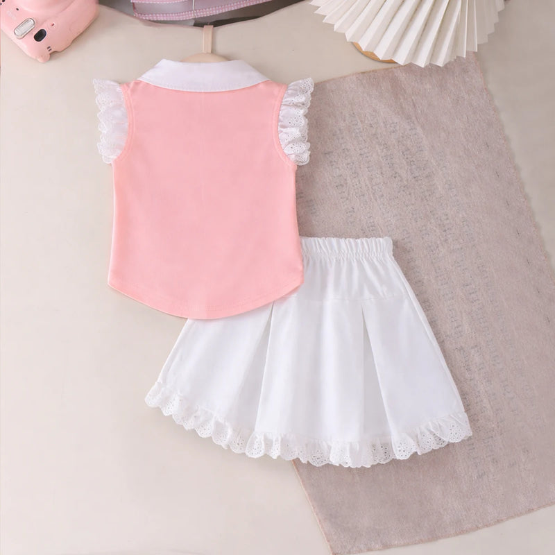 Girls Peach Cherry Applique Polo Top With Elasticated Skirt Sets 2 pc. Sets