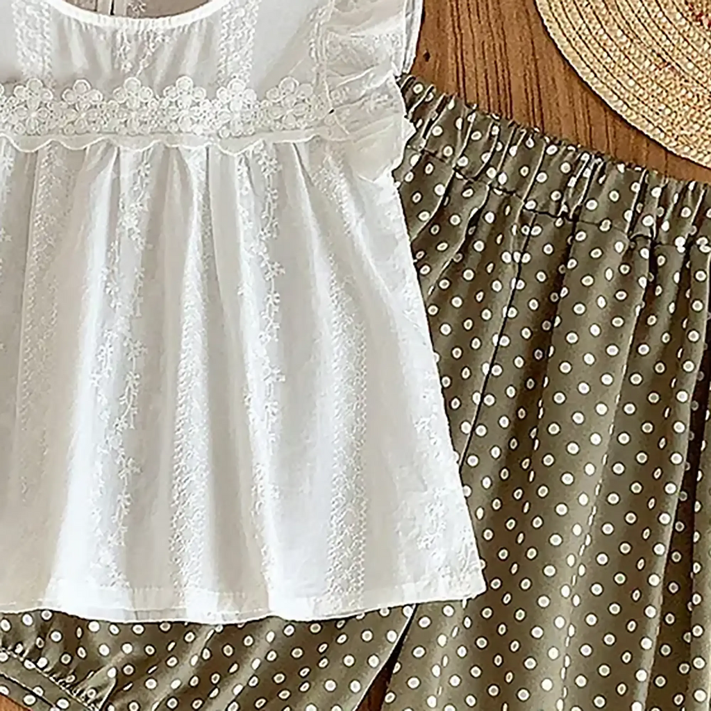 Girls White Embroidered Top With Polka Dot Printed Shorts Set Sets