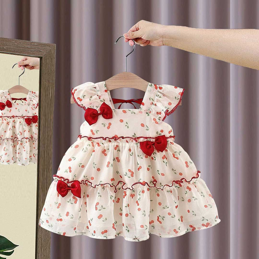 Girls Cherry Print Square Neck Fit & Flare Dress Casual Dresses Beige 1-2 Y 