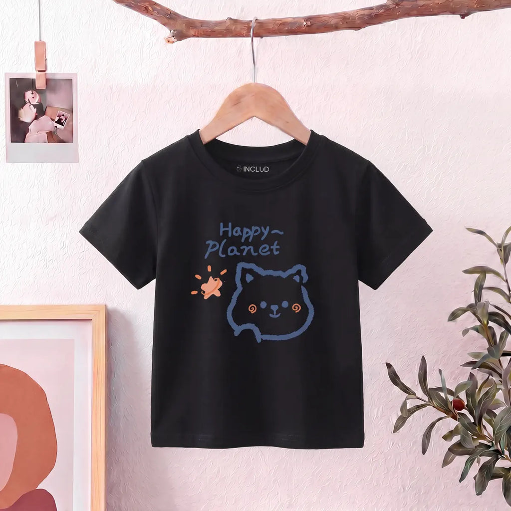 Girls Black Happy Planet Typography Print Short Sleeve T-Shirt Tshirts Black 1-2 Y