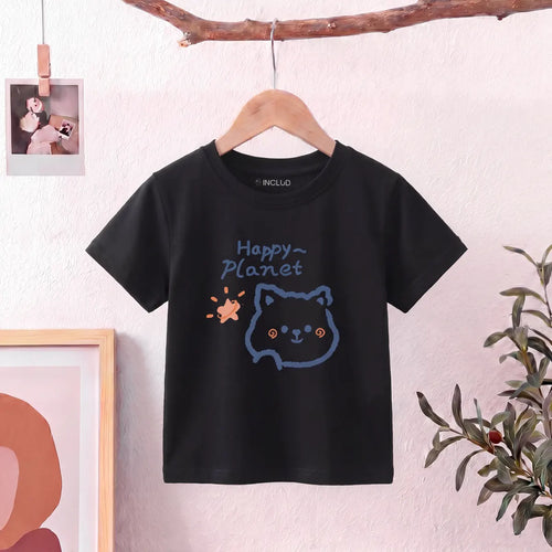 Girls Black Happy Planet Typography Print Short Sleeve T-Shirt Tshirts Black 1-2 Y