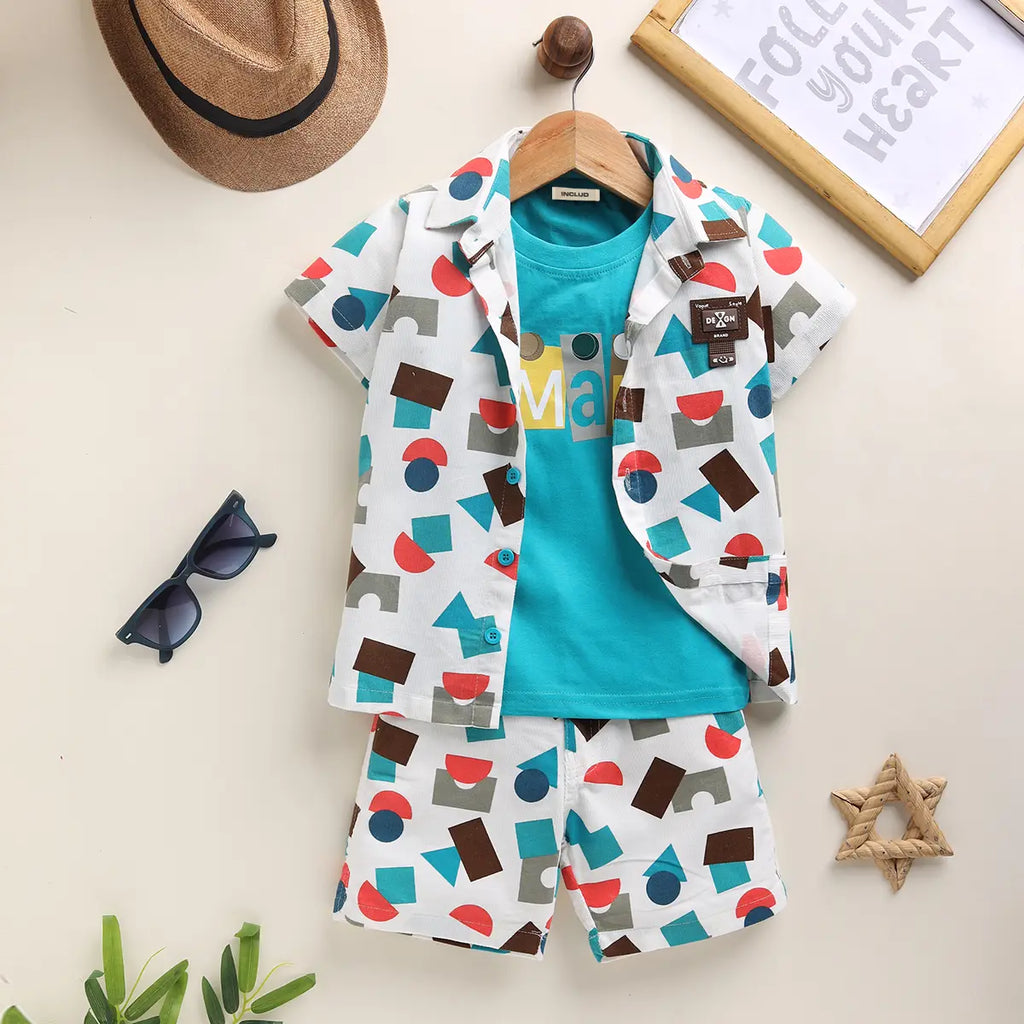 Boys Teal Abstract Printed Shirt With T-Shirt And Shorts Sets 3 pc. Sets Teal 9-12 M