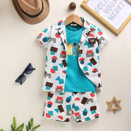 Boys Teal Abstract Printed Shirt With T-Shirt And Shorts Sets 3 pc. Sets Teal 9-12 M