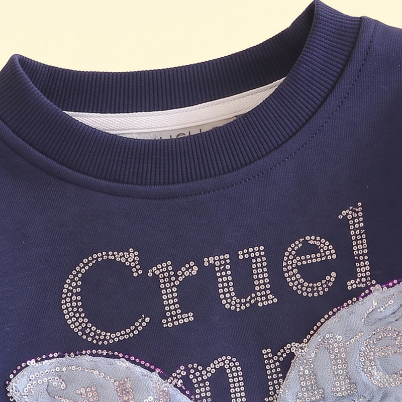 Girls Navy Butterfly Embellished Sweatshirt & Denim Pants Sets Sets