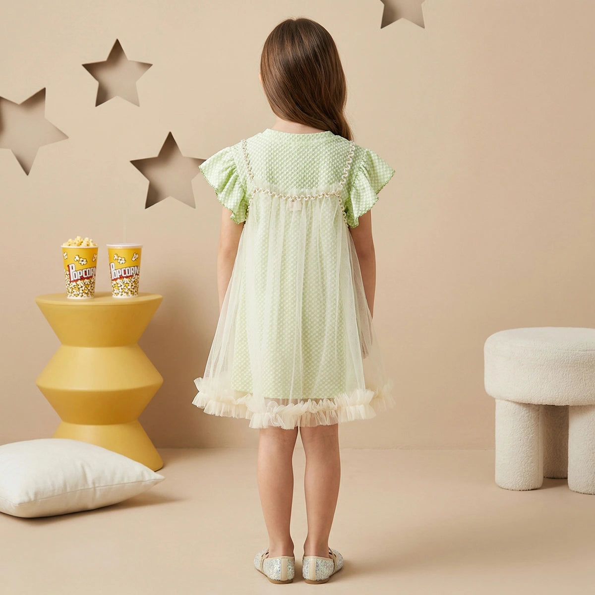 Girls Green Self Design T-Shirt Dress & Overlay Tulle Pinafore Dress Casual Dresses