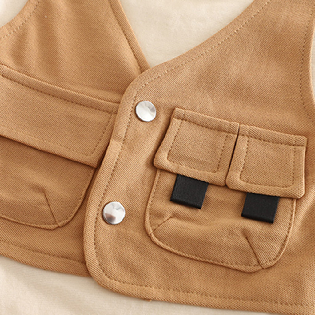 Boys Khaki Short Sleeves Attached Waistcoat T-Shirt With Shorts Set 2 pc. Sets