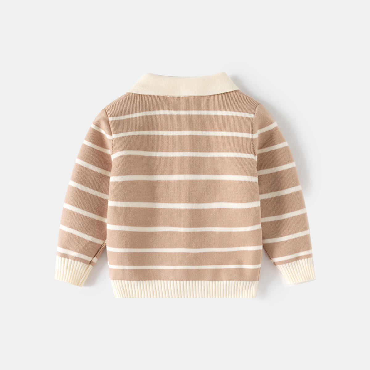 Boys Light Brown Polo Collar Sweatshirt With Self Design Stripe Patterns Sweaters & Cardigans