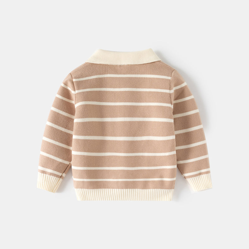 Boys Light Brown Polo Collar Sweatshirt With Self Design Stripe Patterns Sweaters & Cardigans