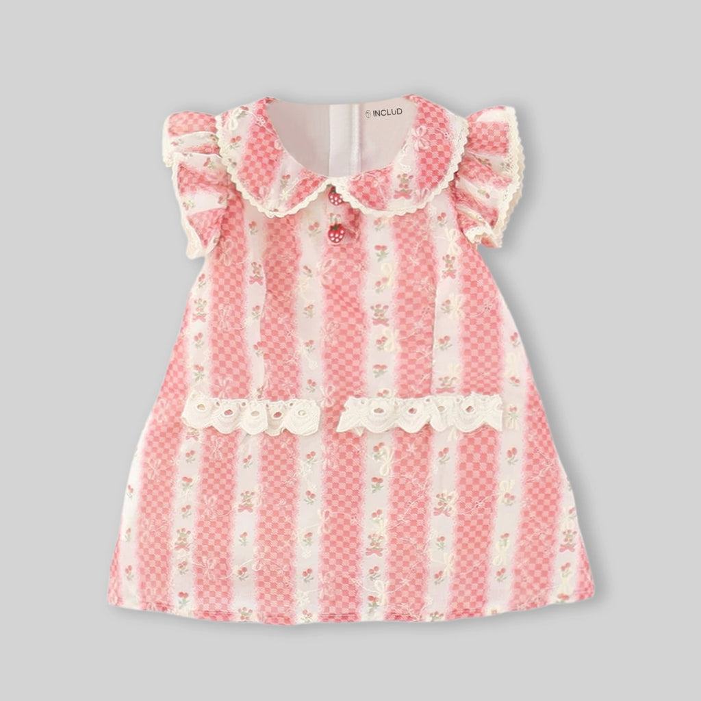 Girls Pink Floral Peter Pan Collar Ruffle A-line Dress Casual Dresses