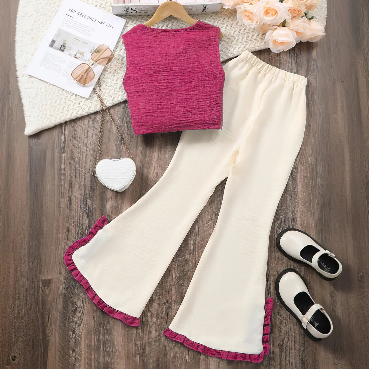 Girls Pink Textured Sleeveless Top With Flared Pants Set Sets