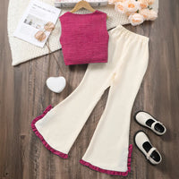 Girls Pink Textured Sleeveless Top With Flared Pants Set Sets