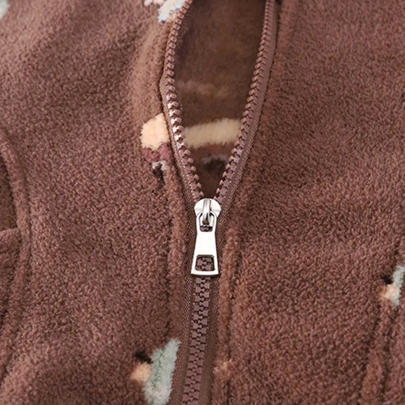 Boys Brown Printed Fleece Hooded Zipper Jacket With Vest & Jogger Sets Sets