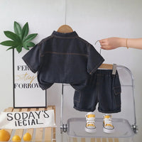 Boys Black Denim Short Sleeves Shirt & Shorts Co-ord Sets Sets