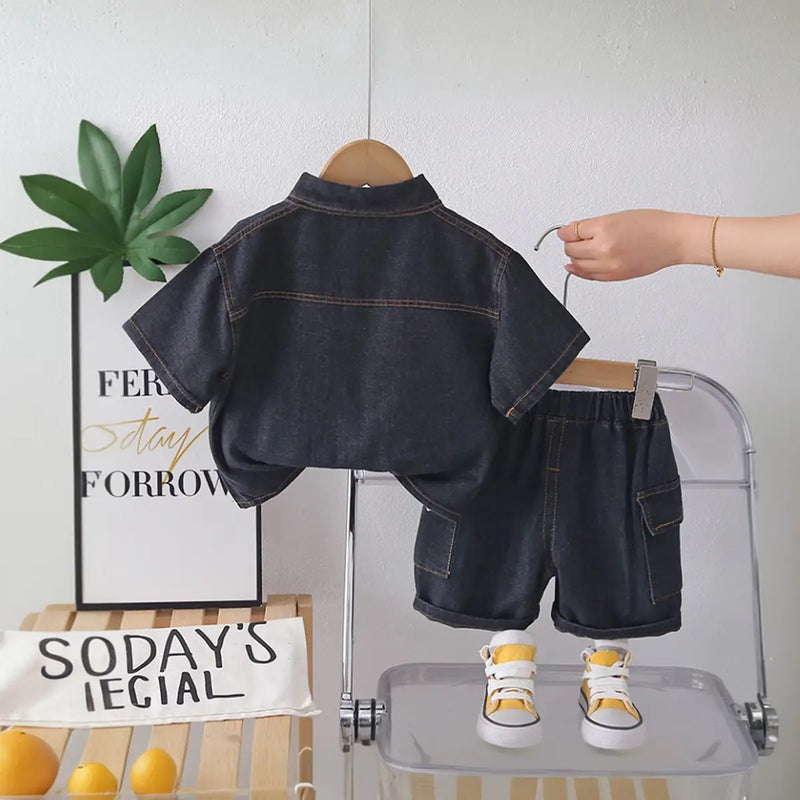 Boys Black Denim Short Sleeves Shirt & Shorts Co-ord Sets Sets