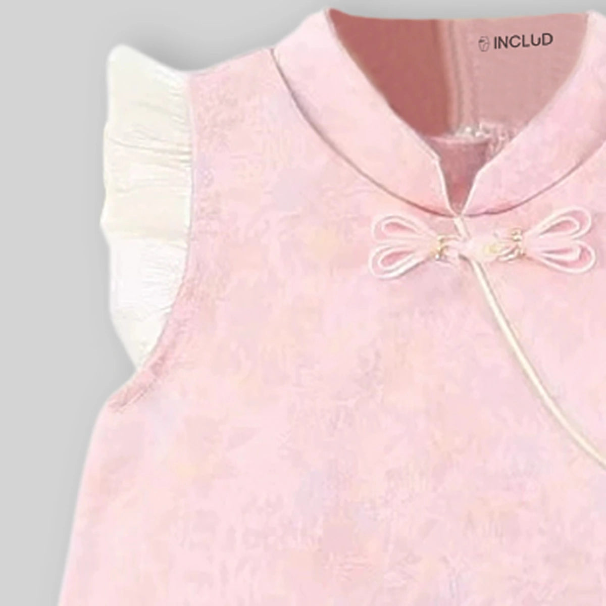 Girls Pink Mandarin Collar A-Line Dress With Bow Details Casual Dresses