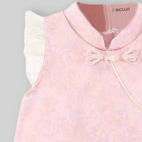 Girls Pink Mandarin Collar A-Line Dress With Bow Details Casual Dresses