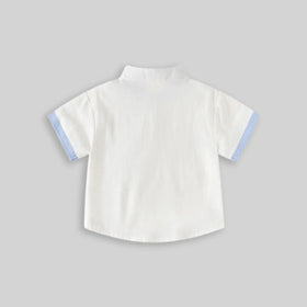 Boys White Solid Mandarin Collar Shirt With Striped Patch Pocket Shirts