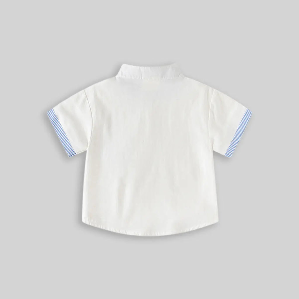Boys White Solid Mandarin Collar Shirt With Striped Patch Pocket Shirts