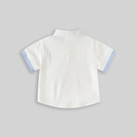 Boys White Solid Mandarin Collar Shirt With Striped Patch Pocket Shirts