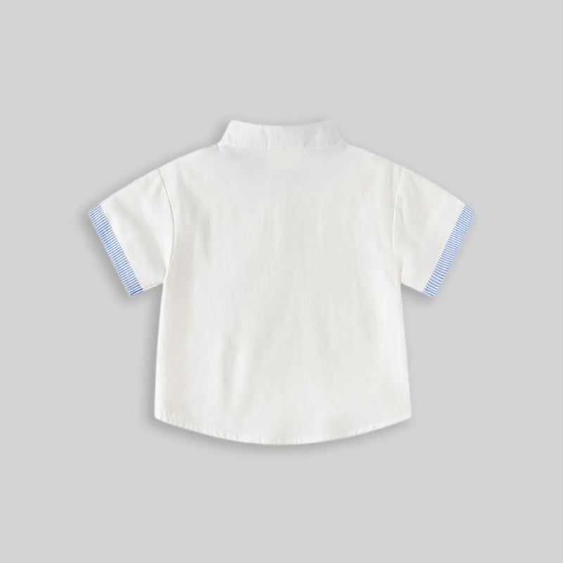 Boys White Solid Mandarin Collar Shirt With Striped Patch Pocket Shirts