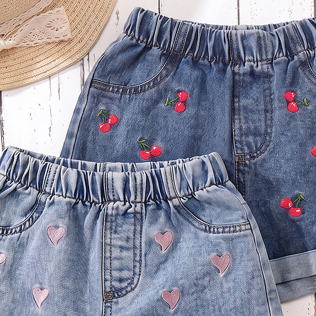 Girls Multicolour Heart Embroidered Denim Shorts Pack Of 2 Shorts