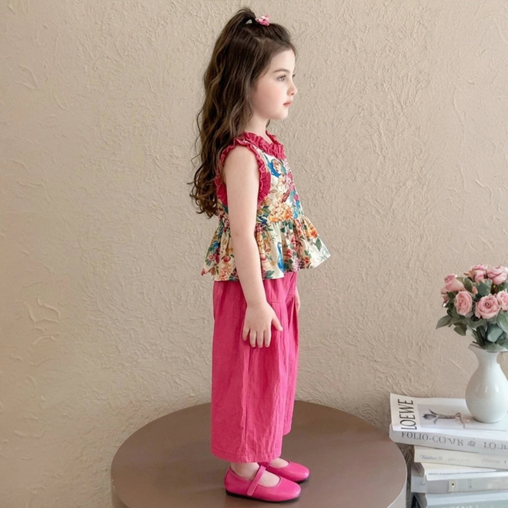 Girls Dark Pink Peacock Print Peplum Top With Pants Sets Sets