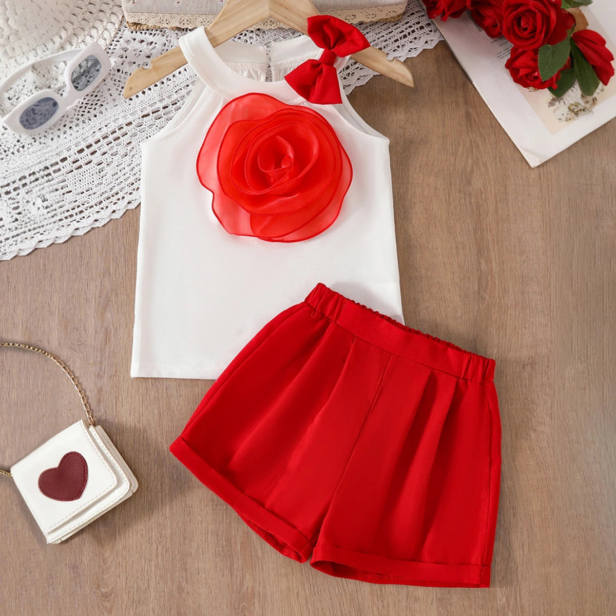 Girls 3D Flower Applique Halter Top With Red Shorts Set Sets Red 3-4 Y