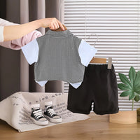 Boys Blue Houndstooth Fake waistcoat Shirt With Shorts Sets Sets