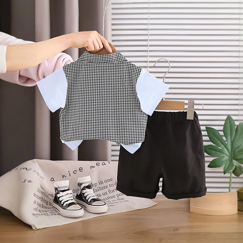 Boys Blue Houndstooth Fake waistcoat Shirt With Shorts Sets Sets