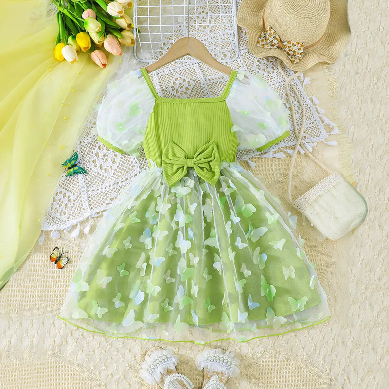 Girls Light Green 3D Butterfly Applique Fit & Flare Dress With Puff Sleeves Casual Dresses Light Green 3-4 Y