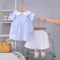Girls Light Blue Flower Applique Ruffle Top With Shorts Set Sets