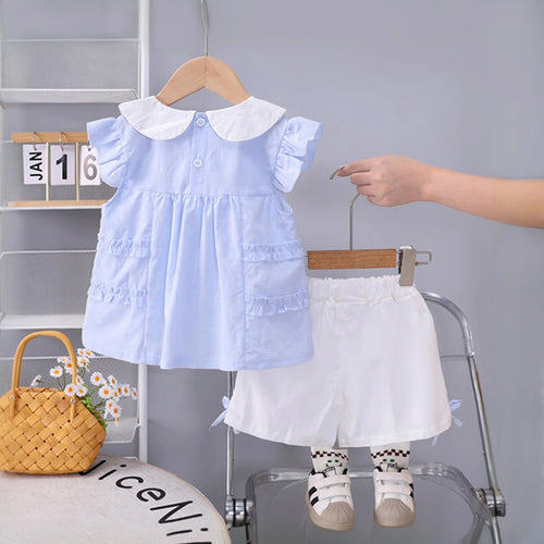 Girls Light Blue Flower Applique Ruffle Top With Shorts Set Sets