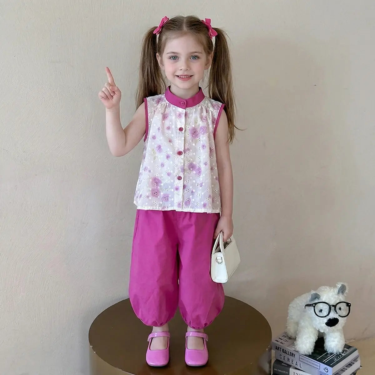 Girls Magenta Schiffli Mandarin Collar Top With Pants Sets Magenta 1-2 Y