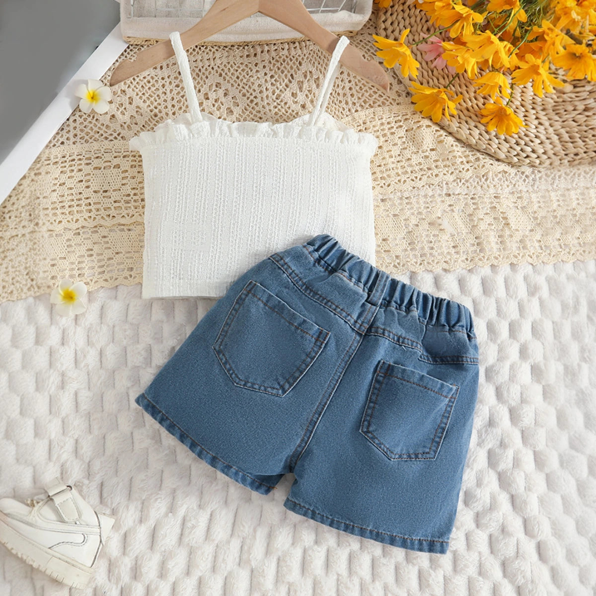 Girls White Sleeveless Crop Top With Floral Printed Denim Shorts Set Sets