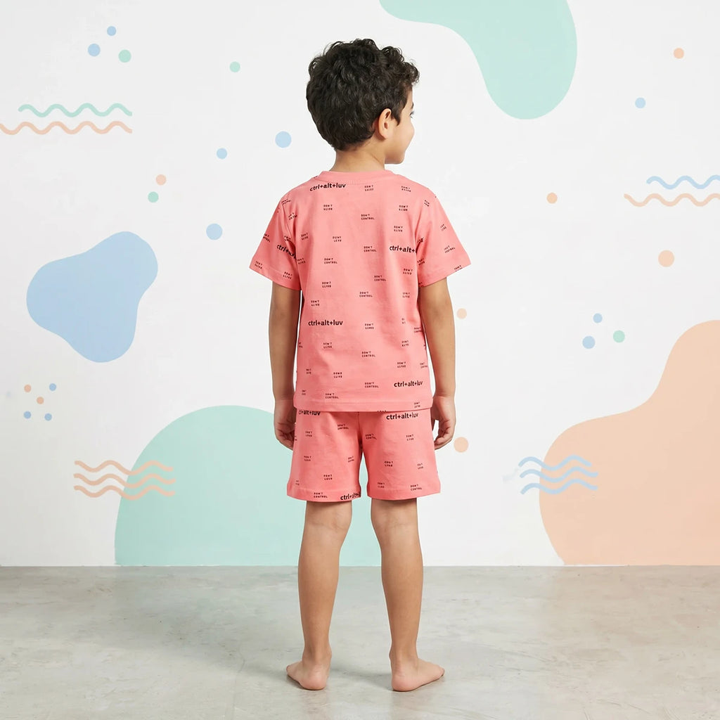 Boys Peach Typographic Short Sleeve T-Shirt With Elasticated Shorts Sets Sets