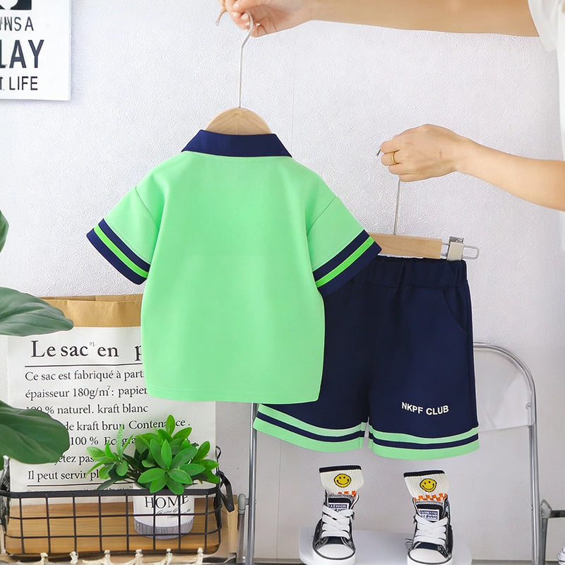 Boys Green Typographic Print Polo T-Shirt With Shorts Set Sets