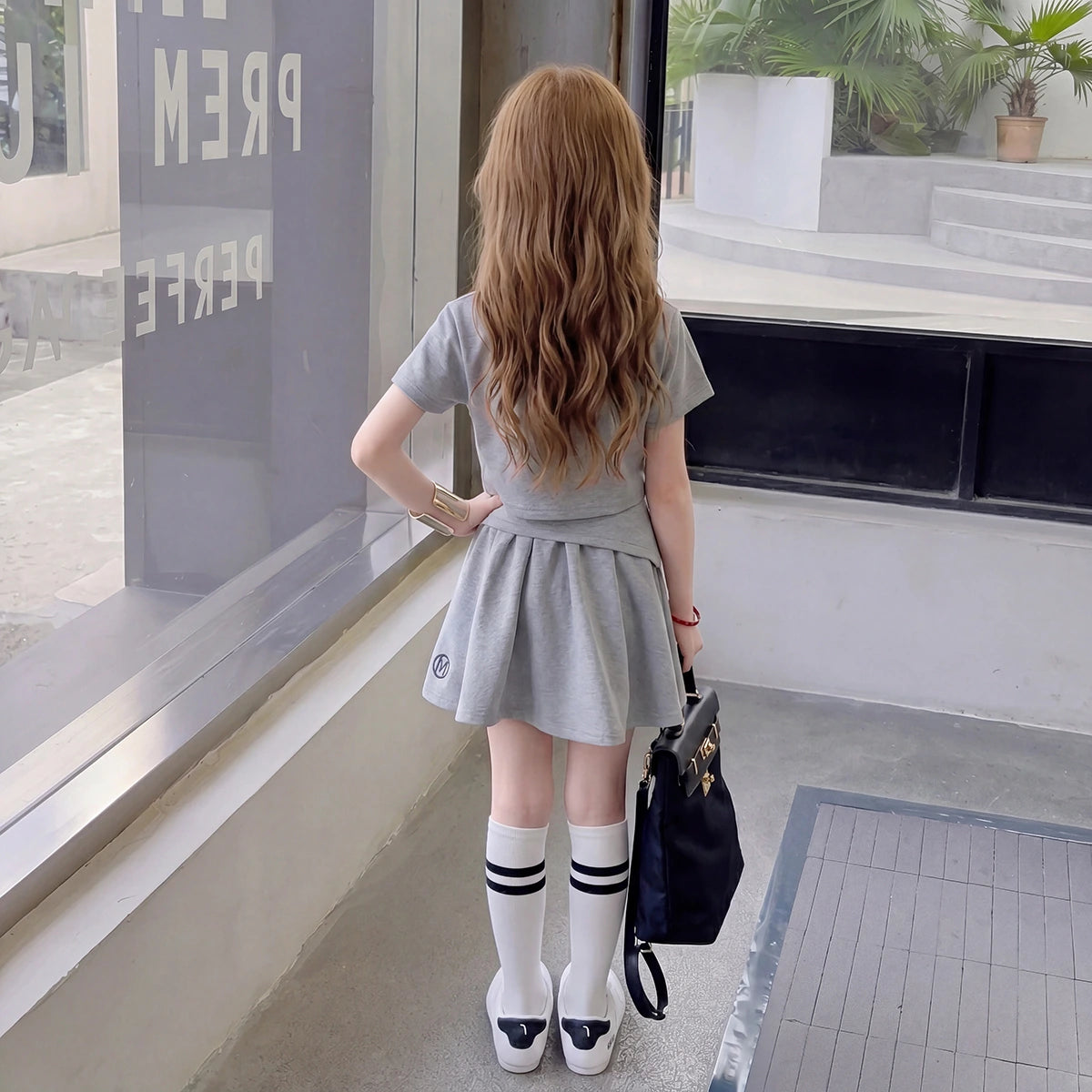 Girls Grey Knitted Top With Flared Skirt Sets Sets