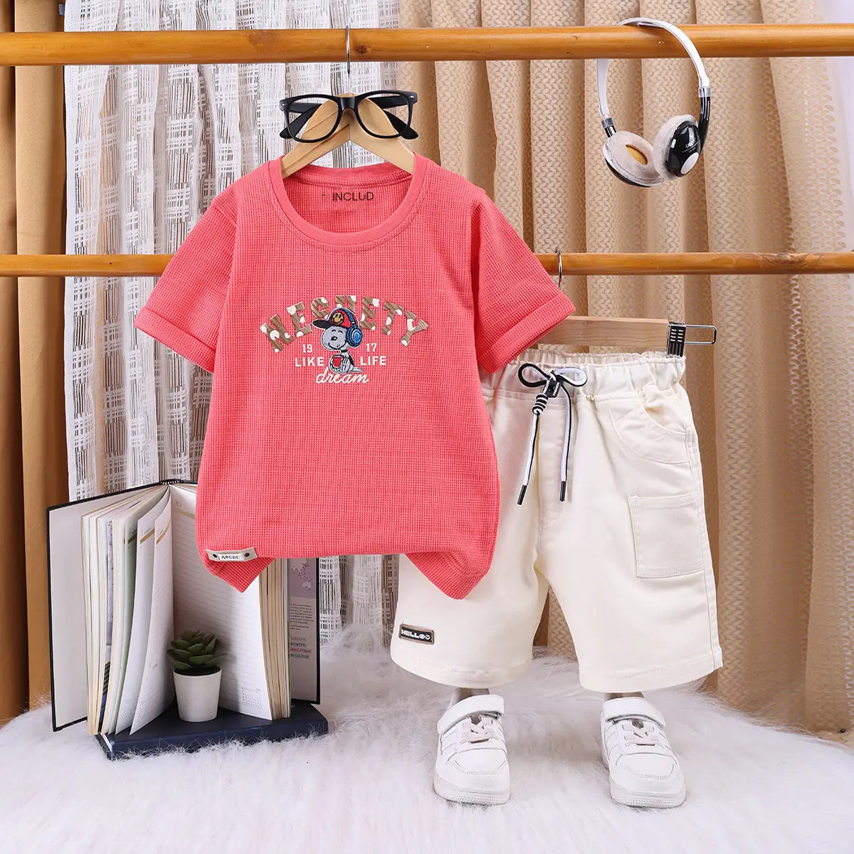 Boys Red Typographic Printed Short Sleeve T-shirts With Elasticated Shorts Sets Sets Red 1-2 Y