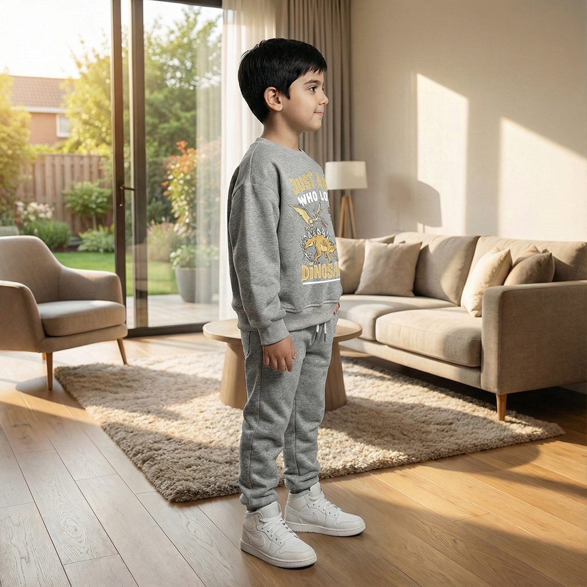 Boys Grey Dinosaur Graphics Round Neck Sweatshirt With Joggers Sets 2 pc. Sets