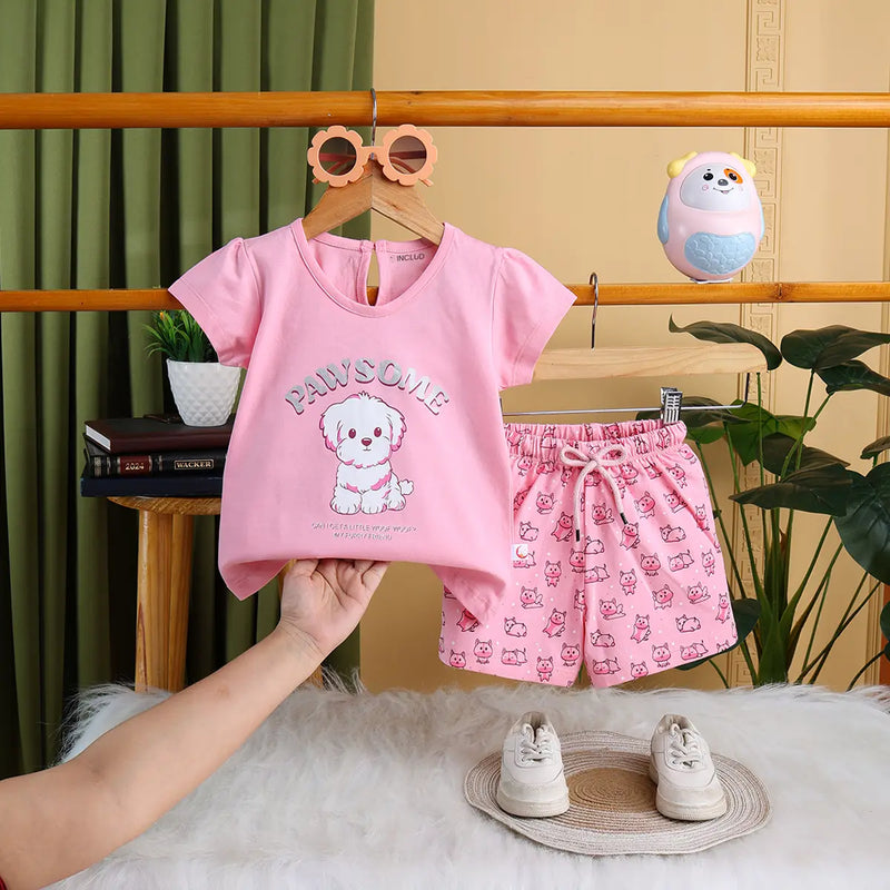 Girls Pink Animal Graphic Short Sleeve Top With Elasticated Shorts Sets Sets Pink 6-12 M