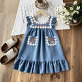 Girls Blue Sleeveless Floral Embroidered A-line Dress Casual Dresses Blue 3-4 Y