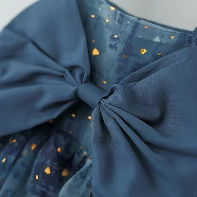 Girls Blue Foil Printed Bow Applique Fit & Flare Dress Casual Dresses