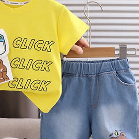 Boys Yellow Bear Camera Print Short Sleeve T-Shirt With Denim Shorts Sets 2 pc. Sets