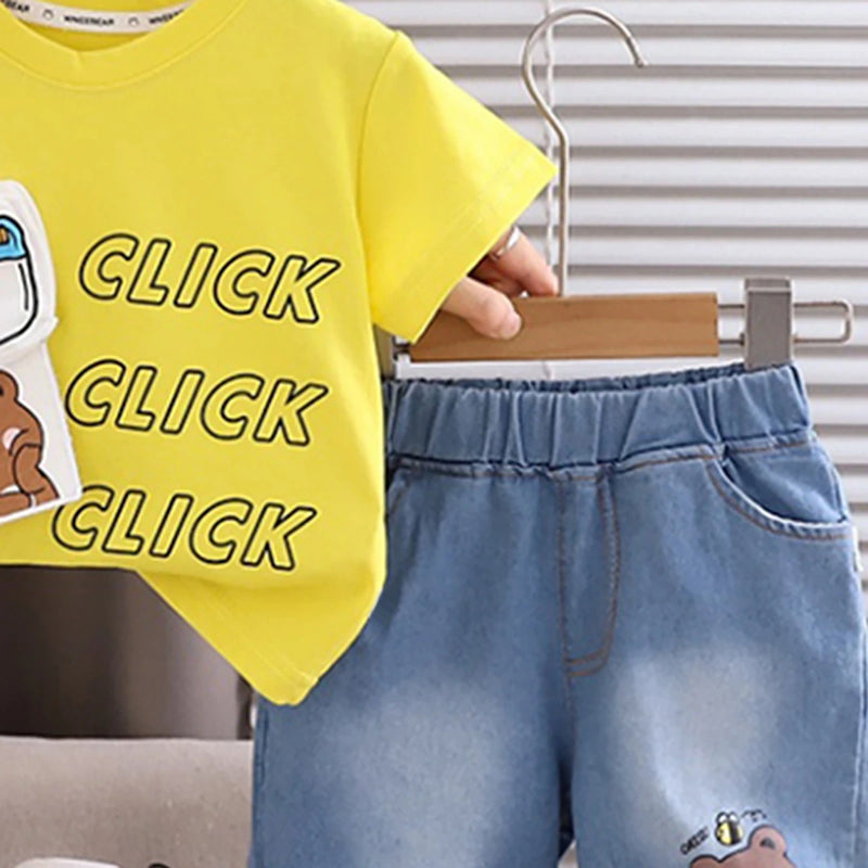 Boys Yellow Bear Camera Print Short Sleeve T-Shirt With Denim Shorts Sets 2 pc. Sets