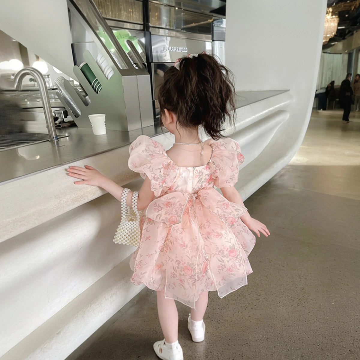 Girls Pink Floral Print Puff Sleeves Fit & Flare Party Wear Dress Party Dresses