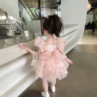 Girls Pink Floral Print Puff Sleeves Fit & Flare Party Wear Dress Party Dresses