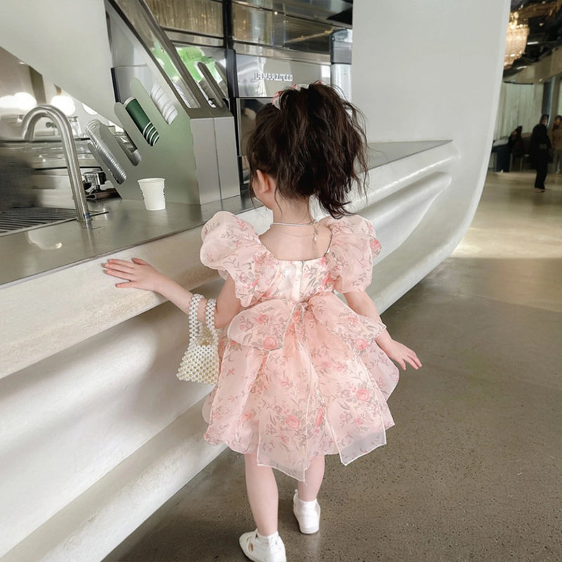 Girls Pink Floral Print Puff Sleeves Fit & Flare Party Wear Dress Party Dresses